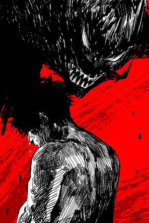 一個男人在紅色背景的動漫插圖中面對一隻怪物般的野獸。 — 動漫戰鬥 壁紙