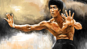 李小龍擺出武術戰鬥姿勢，雙臂伸展。 — 李小龍 壁紙