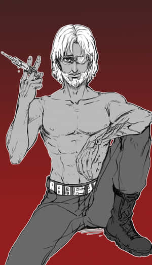 白髮戴眼鏡動漫男子在紅色背景前拿著注射器。 — 機動戰士鋼彈 壁紙