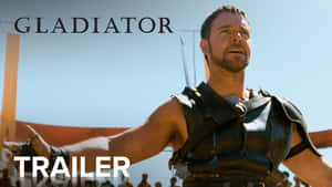 一個角鬥士身穿皮革盔甲，在陽光明媚的競技場中站立，上方有GLADIATOR字樣。 — 羅曼·雷恩斯 壁紙