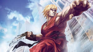 動漫戰士穿紅色道服在城市景觀中向前出拳 — 快打旋風 壁紙