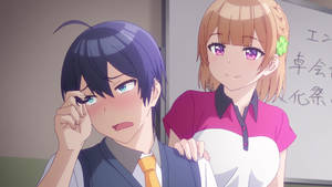 動畫男孩臉紅調整眼鏡，女孩在旁邊微笑的教室場景。 — 可愛的動漫角色 壁紙