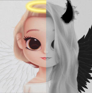 動漫女孩分成天使和惡魔兩半，翅膀和光環形成對比。 — 娃娃 壁紙