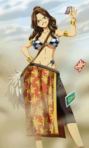 棕色頭髮、藍色上衣的動漫女孩，在陰天拿著法杖和漂浮的卡片。 — Galaxy Tab A 壁紙