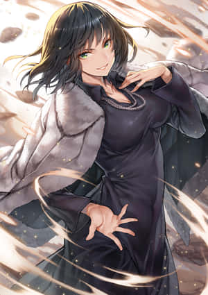 動漫女孩穿著黑色連衣裙和毛皮大衣，被發光的魔法能量漩渦包圍。 — 低調 壁紙