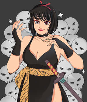 短黑髮紅眼的動漫女孩，被鬼臉包圍，手持武士刀。 — 小米 Mix Flip 2 壁紙