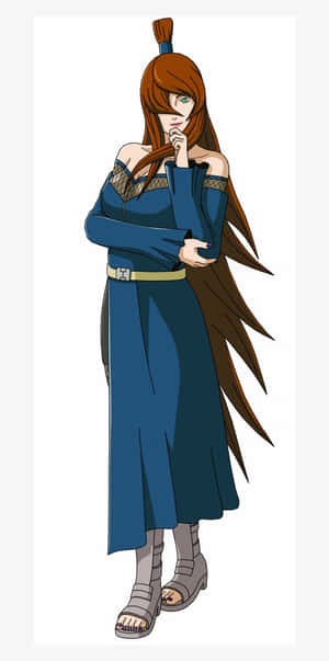 動漫女孩穿著藍色長袍，長長棕色頭髮，若有所思地擺姿勢 — Pixel 3 壁紙