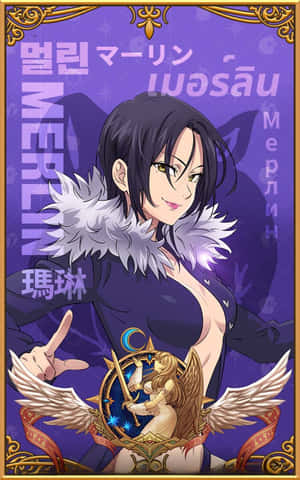 動漫角色Merlin，黑髮白毛領，手持帶翼天使徽章。 — Nubia Flip2 壁紙