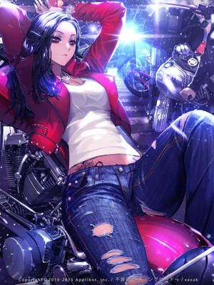 動漫女孩身穿紅色外套和破洞牛仔褲，在霓虹燈下靠在一輛摩托車上。 — 動畫女孩 壁紙