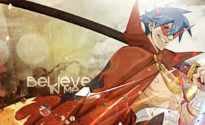 藍色頭髮和紅色眼睛的動漫角色，手持發光的劍，上面寫著「Believe in me」。 — 天元突破紅蓮螺巖 壁紙