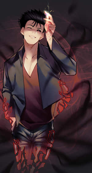 動漫男人微笑著拿著一支點燃的香煙，周圍有紅色能量效果。 — Pixel Fold 壁紙
