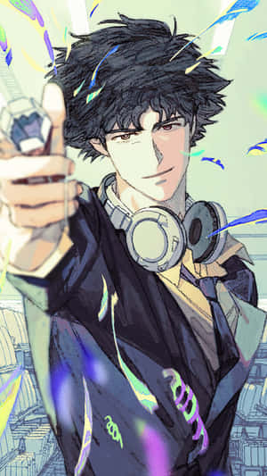 戴著耳機的動漫男孩在充滿活力的抽象背景中舉著發光的水晶。 — 제페토 壁紙