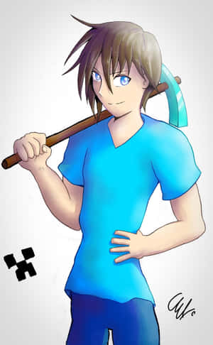 動漫角色穿著藍色襯衫拿著鎬 — Pixel Tablet 壁紙