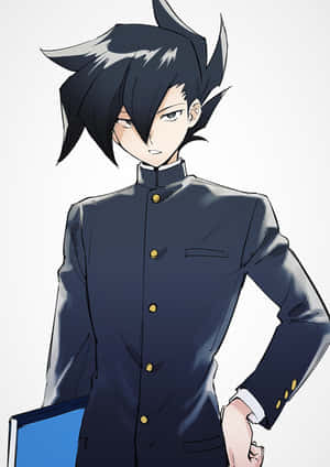 動漫男學生身穿深色校服，手持藍色資料夾，表情嚴肅 — 低調 壁紙