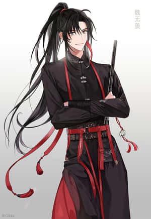 動漫角色，長黑髮，紅色腰帶，手持法杖。 — 日本武士 壁紙