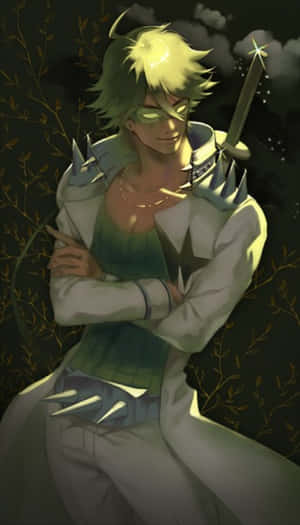 動漫戰士，綠色頭髮和發光的劍，夜晚站在深色樹葉中。 — 戰士 壁紙