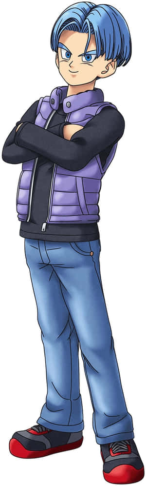 藍色頭髮的動漫男性角色，穿著紫色背心和牛仔褲，雙臂交叉站立。 — 達爾 壁紙