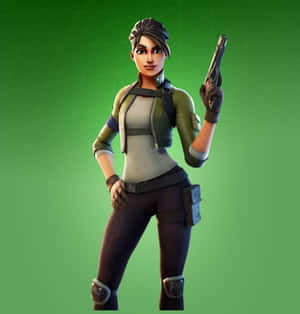 女性 Fortnite 角色穿著戰鬥裝備，在綠色網格背景前拿著一把手槍。 — Galaxy Z Flip7 FE 壁紙