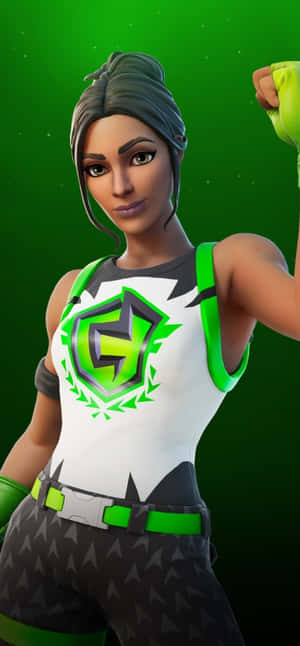 Fortnite角色身穿綠色和白色服裝握緊拳頭。 — iPhone 18 Pro 壁紙