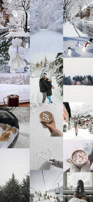 白雪皚皚的冬日場景，配有熱可可和新雪中的心形圖案。 — iPhone Air 壁紙