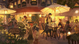 擬人化動物在夜間於迷人的戶外咖啡館，在發光的雨傘下用餐。 — 可愛動漫頭貼 GIF 壁紙