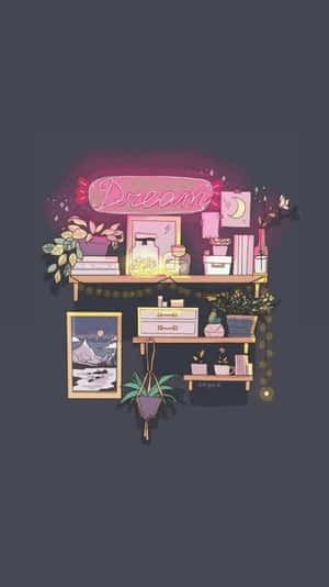 舒適的插圖架子，帶有發光的Dream標誌、植物和書籍，在黑暗的房間中發光。 — 洛米安傳奇 壁紙