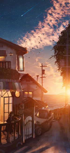 舒適的海邊村莊，夕陽西下，窗戶閃爍，天空中有流星。 — iPhone 16e 壁紙