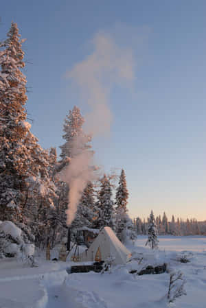 雪森林中冒著蒸汽的帳篷在日出時 — 冬季風景 壁紙
