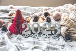舒適的節日佈置，有2023數字、紅色樹、松果和針織品放在格子毯上。 — 新年快樂 壁紙