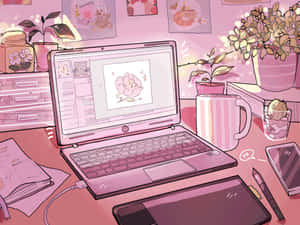 粉紅色插圖書桌與筆記型電腦繪圖軟體和植物 — 美學粉色GIF 壁紙