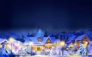 夜晚的雪村，發光的燈光和雪覆蓋的房屋。 — 冬季風景 壁紙