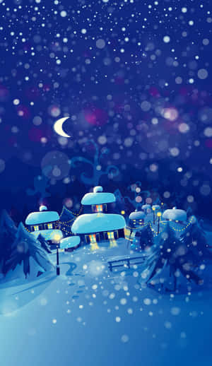 新月下雪覆蓋村莊的夜晚，發光的窗戶和飄落的雪。 — 午夜 壁紙
