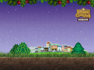 Animal Crossing City Folk村莊在星空紫色天空下，以冬青框住。 — 動物森友會 壁紙