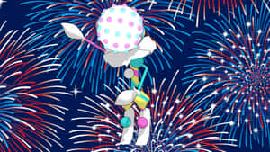 卡通角色在夜晚耀眼的煙火下慶祝。 — 電玩遊戲 GIF 壁紙