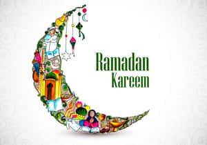Ramadan Kareem祝福，彎月裝飾著伊斯蘭符號和祈禱的人們。 — 高畫質月亮 壁紙