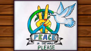 木牆上帶有鴿子和橄欖枝的和平標誌，橫幅上寫著 peace in the world please — 白色愛心 壁紙