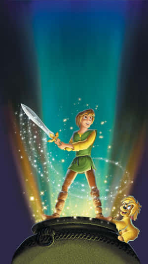 動畫騎士持劍與狗站在發光大鍋上，被魔法火花環繞。 — 9:16 壁紙