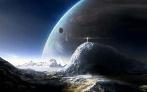 雪覆蓋的外星山脈，天空中有一個巨大的行星和月亮。 — 太空美學動圖 壁紙