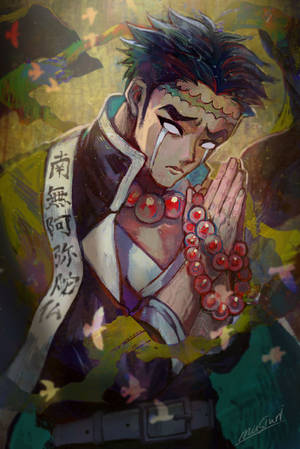 動漫角色以祈禱姿勢，佩戴紅色念珠和傳統長袍，背景抽象。 — 悲鳴嶼行冥 壁紙