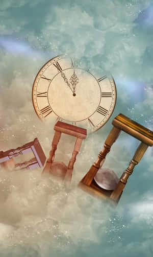 在夢幻般的雲層天空中漂浮的時鐘和沙漏，帶有閃爍的粒子。 — Tecno Megapad 壁紙
