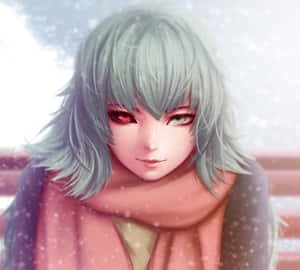 銀色頭髮、異色瞳的動漫女孩，在飄雪中戴著粉紅色圍巾。 — 東京喰種角色 壁紙