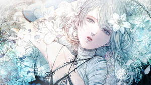 銀色頭髮和白色百合花的動漫女孩，在柔和的藍色花卉夢幻場景中。 — 美學月亮 壁紙