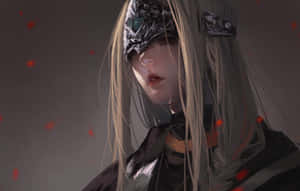 金髮和華麗面具的動漫女孩，被漂浮的紅色粒子包圍。 — Steam Deck OLED 壁紙