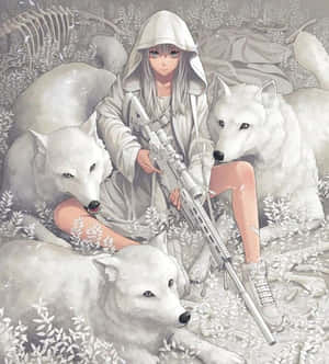 動漫女孩與白狼在雪地裡手持步槍，有骨頭。 — 可愛動漫女孩 壁紙