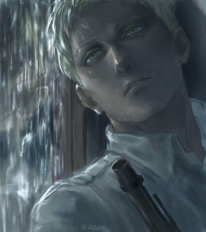 綠眼睛的動漫男子透過雨痕斑斑的窗戶凝視，手持槍支。 — Tecno Phantom V Fold2 壁紙