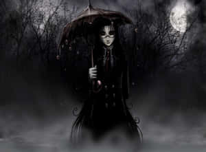 戴眼鏡的哥德式人物在雨中的月光森林裡拿著雨傘。 — 哥德式動圖 壁紙
