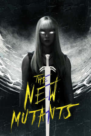 眼睛發光的女孩在黑暗旋轉的背景中手持劍，並帶有'The New Mutants'文字。 — Oppo Pad Mini 壁紙