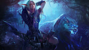 精靈戰士騎著發光的黑豹，在夜晚的魔法森林中 — 魔獸世界 壁紙