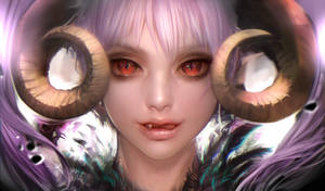 動漫女孩，紅色眼睛和大角，被紫色羽毛包圍。 — 惡魔角 壁紙