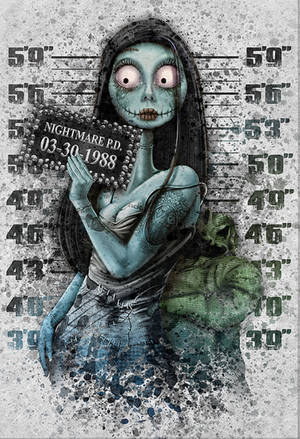 殭屍女人以入案照姿勢在身高圖背景前拿著Nightmare P.D.標誌。 — 聖誕夜驚魂 壁紙